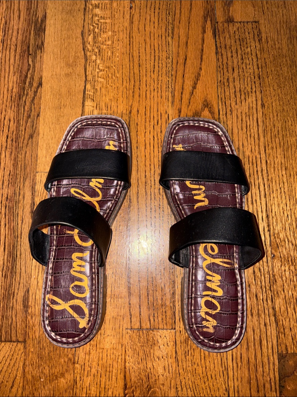 Sam Edelman Black Double-Band Slide Sandals with Burgundy Footbed